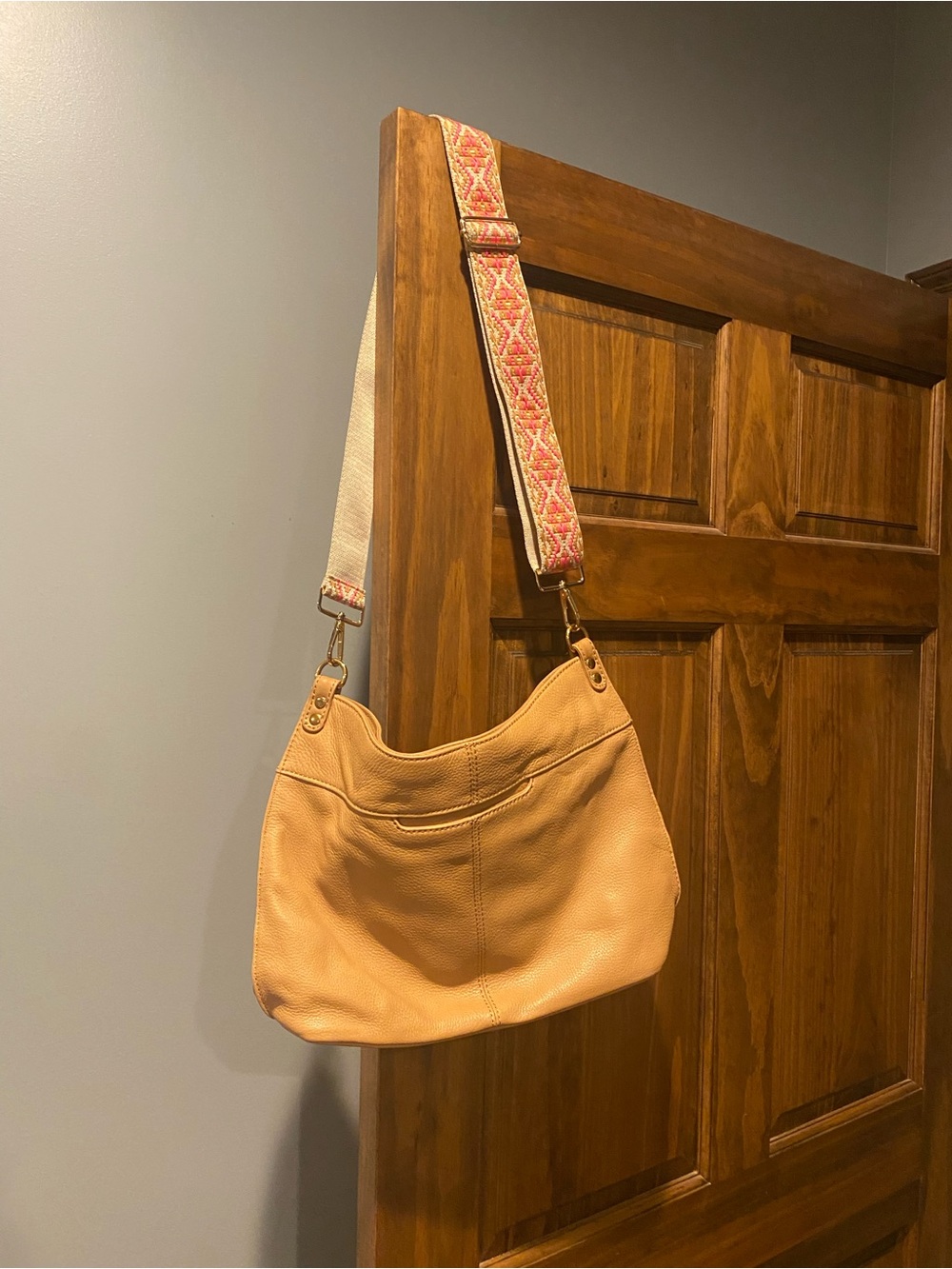 HOBO Tan Pebbled Leather Hobo with Patterned Adjustable Strap